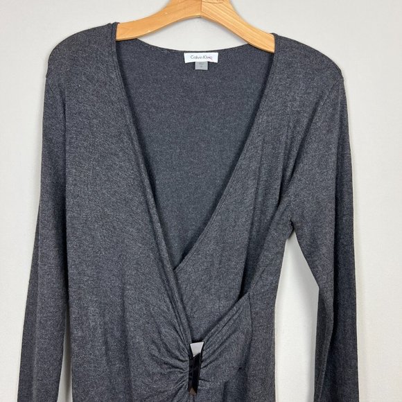 Calvin Klein Dress Womens Medium Gray Sheath Faux Wrap V-Neck‎ Knit Long Sleeve - Picture 2 of 11